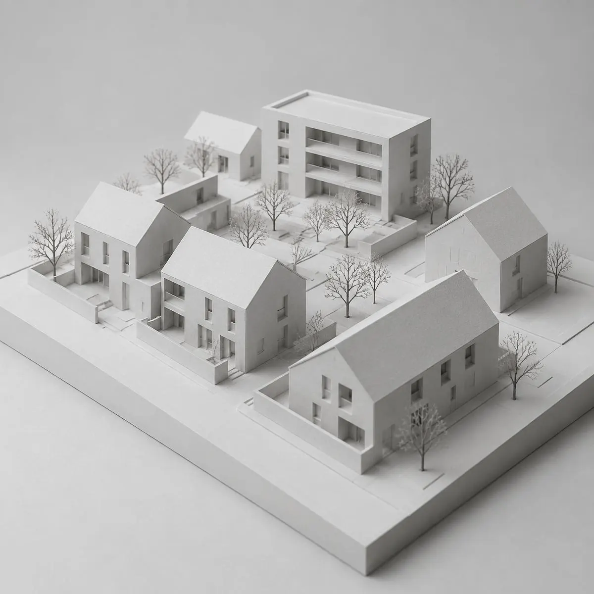 Pale grey architectural massing model of a small residential block