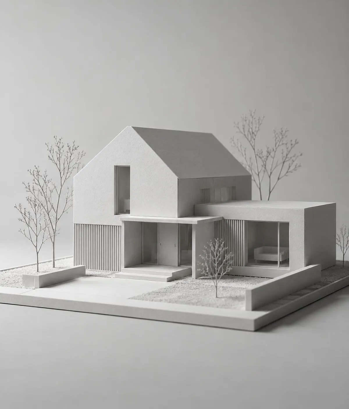 White scale model of a modern house with pitched and flat roof forms